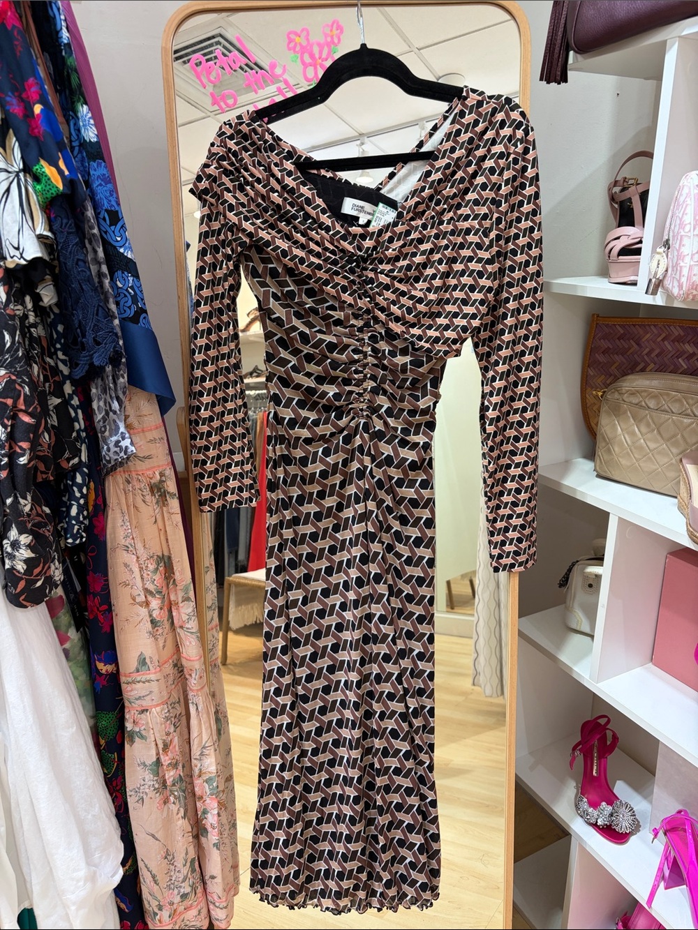 Diane Von Furstenberg Brown and Black Geometric Long-Sleeve Midi Dress